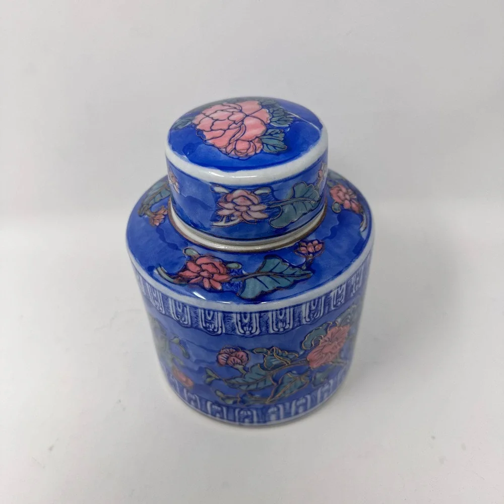 Vintage Blue Floral Ginger Jar Canister Chinoiserie Porcelain 6